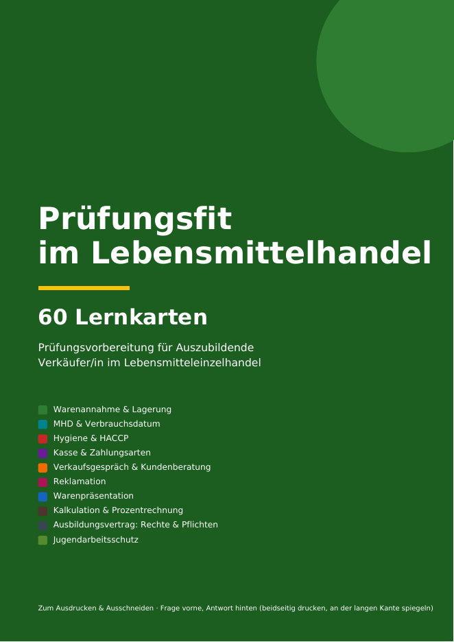 Buchcover: Prüfungsfit im Lebensmittelhandel – 60 Lernkarten für Auszubildende Verkäufer/in im A4-PDF-Format